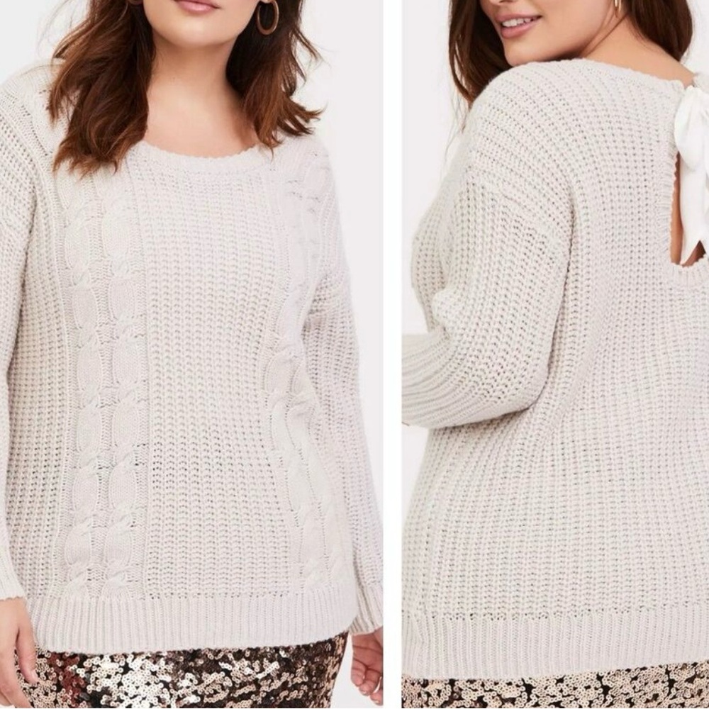 Cable knit Cream Sweater keyhole with Bow Detail